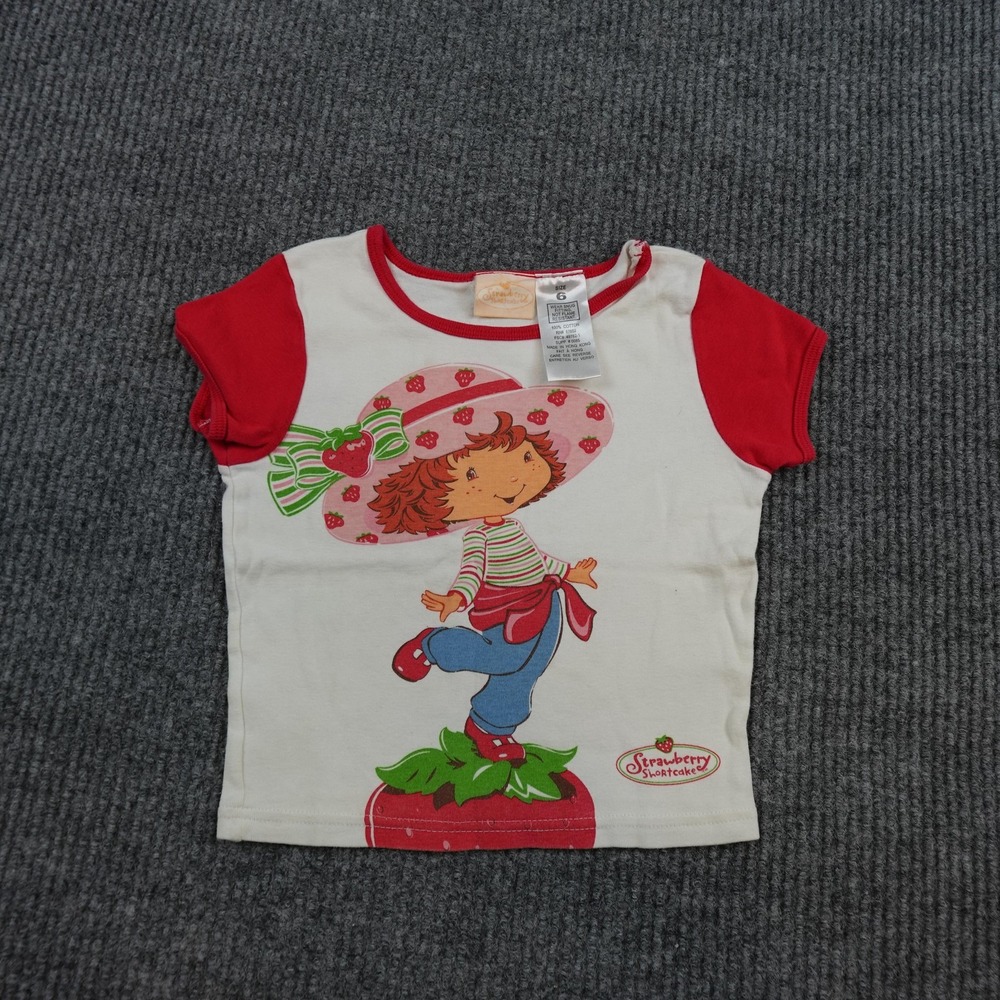 Vintage Strawberry Shortcake Shirt Girls 6 White Red Ringer Graphic Tee Cartoon